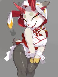 1girl absurdres alternate_costume animal_crossing animal_ear_hood animal_ears black_eyeliner black_pantyhose body_fur breasts cleavage commentary deer_ears deer_girl deer_tail detached_hood ears_through_hood eyeliner eyeshadow fake_animal_ears fang feet_out_of_frame furry furry_female grey_background half-closed_eyes head_tilt highres hikimayu hood hooves horns japanese_clothes kame_(3t) kimono large_breasts leotard looking_at_viewer makeup nintendo obi open_mouth own_hands_together pantyhose rabbit_ears rabbit_symbol red_eyeshadow red_hood red_horns red_sash sash shide shino_(animal_crossing) short_kimono simple_background sleeveless sleeveless_kimono smile strapless strapless_leotard tail thigh_gap two-sided_hood wa_bunny white_hood white_kimono white_leotard white_wrist_cuffs wrist_cuffs yellow_eyes