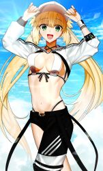 Rule 34 | 1girl, artoria caster (fate), artoria caster (swimsuit berserker) (fate), artoria caster (swimsuit berserker) (first ascension) (fate), artoria pendragon (fate), asymmetrical clothes, baseball cap, beach, bikini, black pants, blonde hair, blush, breasts, fate/grand order, fate (series), green eyes, hat, highres, kabosoi mangaka, long hair, long sleeves, looking at viewer, navel, open mouth, pants, shore, shrug (clothing), single pantsleg, small breasts, smile, swimsuit, thighs, twintails, white bikini, white hat, white shrug