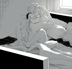 1boy 1girl arms_around_neck bra closed_eyes commentary_request couple curtains dragon_quest dragon_quest_viii girl_on_top greyscale hair_down hair_ribbon hand_in_another&#039;s_hair hetero jessica_albert kukuru_(dq8) leg_lock low_ponytail miyama_(kannsannn) monochrome nude on_bed open_mouth pillow ponytail ribbon sex sitting sketch skirt sweat underwear unworn_bra unworn_skirt
