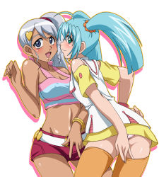 Rule 34 | 2girls, ahoge, armlet, ass, bakugan, bakugan new vestroia, bare shoulders, blue eyes, blue hair, blush, bracelet, breasts, covering ass, covering privates, crop top, dark-skinned female, dark skin, dress, earrings, female focus, fingernails, green eyes, grey hair, highres, jewelry, julie heyward, long hair, looking at viewer, makino tomoyasu, midriff, misaki runo, multiple girls, navel, open mouth, orange legwear, outline, panties, pantyshot, pink panties, profile, shirt, short shorts, shorts, side ponytail, simple background, smile, standing, striped clothes, striped shirt, thighhighs, twintails, underwear, v, white background, white hair, wristband, zettai ryouiki