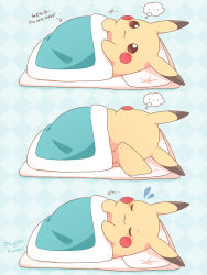 Rule 34 | ..., :3, artist name, bilingual text, blue background, blush, checkered background, closed eyes, closed mouth, commentary request, english text, flying sweatdrops, gen 1 pokemon, highres, lying, mixed-language text, mugita konomi, nintendo, no humans, on back, on bed, on side, pikachu, pillow, pokemon, pokemon (creature), red eyes, speech bubble, spoken ellipsis, thought bubble, under covers