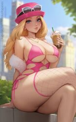 1girl absurdres blonde_hair blue_eyes blurry blurry_background breasts closed_mouth clothing_cutout crossed_legs cup disposable_cup earrings eyewear_on_headwear fishnet_thighhighs fishnets hat heart heart_necklace highres holding holding_cup jewelry large_breasts light_smile lips long_hair meekohopanes necklace nintendo one-piece_swimsuit outdoors pink_hat pink_nails pink_one-piece_swimsuit pokemon pokemon_xy serena_(pokemon) single_fishnet_legwear single_thighhigh sitting solo swimsuit thick_thighs thighhighs thighs variant_set white-framed_eyewear