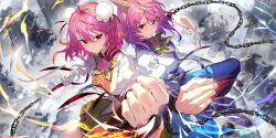 2girls artist_request ball_and_chain_restraint bandaged_arm bandages blue_pantyhose blue_skirt blue_tabard blush breasts bun_cover chain clenched_hands closed_mouth cuffs double_bun fighting_stance fingernails flower game_cg green_skirt hair_bun highres ibaraki_douji&#039;s_arm ibaraki_kasen looking_at_viewer multiple_girls official_art pantyhose pink_eyes pink_flower pink_hair pink_rose red_tabard ribbon-trimmed_skirt ribbon_trim rose shackles sharp_fingernails shirt short_sleeves skirt smile tabard third-party_source touhou touhou_lostword very_long_fingernails white_shirt