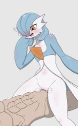 1boy 1girl alternate_color blue_hair blue_skin blush bob_cut breath censored collarbone colored_skin ear_blush erection flat_chest gardevoir gen_3_pokemon girl_on_top grey_background hair_over_one_eye hand_to_own_mouth hand_up happy_sex hetero interspecies looking_down mosaic_censoring multicolored_skin navel nintendo nose_blush one_eye_covered open_mouth orange_eyes penis pheroviran pokemon pokemon_(creature) pussy pussy_juice sex shiny_pokemon short_hair simple_background smile solo_focus steam steaming_body stomach straddling sweat thighs two-tone_skin vaginal white_skin