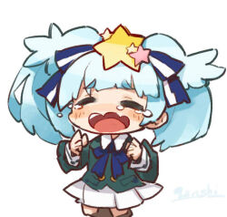 1girl blue_bow blue_hair blush_stickers bow chibi closed_eyes collared_shirt facing_viewer green_jacket hair_bow hair_ornament hoshikawa_lily itsuki_tasuku jacket long_sleeves open_mouth pleated_skirt shirt signature simple_background skirt solo star_(symbol) star_hair_ornament striped_bow tears twintails wavy_mouth white_background white_shirt white_skirt zombie_land_saga