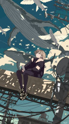 Rule 34 | 1girl, black jacket, black leggings, blue sky, brown eyes, brown hair, cloud, commentary request, cumulonimbus cloud, day, fish, flying fish, flying whale, fur-trimmed jacket, fur trim, highres, jacket, leggings, looking up, original, outdoors, power lines, satellite dish, seraphitalg, sitting, sky, solo, water tank, whale