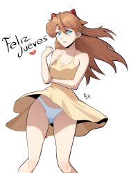 1girl arm_under_breasts bare_arms bare_legs bare_shoulders blue_eyes breasts brown_hair cleavage clothes_lift collarbone curvy dress dress_lift feliz_jueves_(meme) floating_clothes floating_hair hairpods heart highres kanashikeki long_hair looking_at_viewer medium_breasts meme neon_genesis_evangelion panties pantyshot parted_lips short_dress simple_background solo souryuu_asuka_langley sundress thighs thong tsundere underwear upskirt very_long_hair white_background white_panties wide_hips yellow_dress