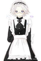 1boy aotsuki_eito apron arm_behind_back black_dress blue_eyes closed_mouth crossdressing dress glasses looking_at_viewer maid maid_apron maid_headdress male_focus parted_hair smile solo solo_focus the_hundred_line_-last_defense_academy- white_background white_hair