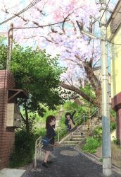 Rule 34 | 2girls, arm up, bag, black shoes, blazer, blue bag, brown hair, building, bush, cherry blossoms, closed mouth, grey skirt, highres, jacket, lapels, mailbox (incoming mail), multiple girls, open mouth, original, outdoors, painting (medium), petals, pleated skirt, power lines, railing, shoes, shoulder bag, skirt, smile, spring (season), stairs, standing, traditional media, tree, utility pole, v, wide shot, yuukitokuda