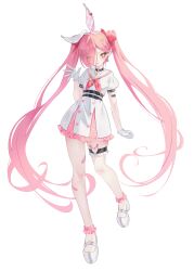 Rule 34 | 1girl, absurdres, animal ear hairband, animal ears, ankle scrunchie, arm at side, asymmetrical bangs, bandaid, bandaid on leg, barcode, barcode tattoo, belt, black belt, black choker, bow, buttons, choker, clenched hand, closed mouth, commentary, daimi 94, dress, earrings, fake animal ears, floating hair, foot up, frilled gloves, frilled thigh strap, frills, full body, gloves, hair bow, hair ornament, hair over one eye, hairband, hairclip, hand up, heart, heart button, heart o-ring, heart print, highres, jewelry, long bangs, long hair, neckerchief, no pupils, no socks, o-ring, o-ring thigh strap, original, parallel hairclips, parted bangs, pink hair, pink scrunchie, rabbit ear hairband, rabbit earrings, rabbit ears, red bow, red neckerchief, sailor collar, sailor dress, scrunchie, shoes, short sleeves, simple background, smile, solo, standing, standing on one leg, straight-on, tattoo, thigh strap, twintails, very long hair, waving, white background, white dress, white gloves, white hairband, white sailor collar, white shoes, x hair ornament, yellow eyes