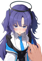 1girl black_jacket blue_archive blue_eyes blue_hair blue_necktie blush collared_shirt commentary_request halo highres jacket jacket_partially_removed kurushiro1102 long_hair looking_at_viewer mechanical_halo necktie pov shirt simple_background solo_focus sweatdrop two_side_up white_background white_jacket white_shirt yuuka_(blue_archive)