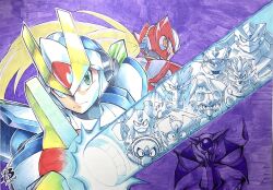 Rule 34 | 6+boys, anniversary, arm blade, arm cannon, armor, artist logo, blade armor x (mega man), blaze heatnix (mega man), blizzard wolfang (mega man), blonde hair, blue eyes, blue headwear, commander yammark (mega man), dated, energy sword, forehead jewel, from behind, green eyes, ground scaravich (mega man), helmet, highres, infinity mijinion, logo, long hair, mega man (series), mega man x (series), metal shark player (mega man), multiple boys, non-humanoid robot, pn13ban, ponytail, purple background, rainy turtloid (mega man), red headwear, robot, robot animal, robot fish, sharp teeth, shield sheldon, shoulder armor, sigma (mega man), sword, teeth, traditional media, upper body, weapon, white armor, white headwear, x (mega man), zero (mega man)