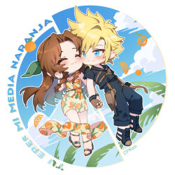 1boy 1girl :3 aerith_gainsborough aerith_gainsborough_(citric_dress) aqua_eyes armor artist_name black_footwear black_sailor_collar black_shirt black_shorts blonde_hair blush bracelet breasts brown_gloves brown_hair cat_princess chibi choker closed_eyes cloud_strife cloud_strife_(maritime_sailor) couple dress final_fantasy final_fantasy_vii final_fantasy_vii_ever_crisis fingerless_gloves food food_print fruit fruit_print full_body gloves green_ribbon grey_choker grey_footwear hair_ribbon half_updo hand_in_own_hair hetero holding_hands interlocked_fingers jewelry leather_armor long_dress long_hair medium_breasts multicolored_nails nail_polish official_alternate_costume orange-shaped_ornament orange_(fruit) orange_print orange_slice palm_tree parted_bangs print_dress ribbon sailor_collar see-through_clothes see-through_skirt shirt short_hair shorts side_slit sidelocks single_glove skirt smile spanish_text spiked_hair strapless strapless_dress swept_bangs toeless_footwear toenail_polish toenails tree