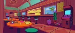 alcohol arcade_cabinet bar_(place) beer beer_bottle blue_sky bottle bowl cactus chandelier chao_(sonic) cloud cup day digimin door drinking_glass english_text flower_pot highres indoors monitor motion_blur no_humans official_art omochao palm_tree peanut plant poster poster_(object) potted_plant saloon saloon_doors scenery sky sonic_(series) spill stool table the_murder_of_sonic_the_hedgehog train_interior tree wanted_poster window