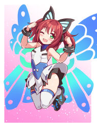 Rule 34 | 1girl, ;d, armlet, arms up, azure striker gunvolt, azure striker gunvolt 2, bare shoulders, black shoes, blush, breasts, butterfly wings, clenched hands, commission, commissioner upload, cosplay, cougar (cougar1404), dress, energy wings, full body, ganbaru pose, green eyes, hair between eyes, headphones, insect wings, jewelry, jumping, kurosawa ruby, looking at viewer, love live!, love live! sunshine!!, lumen (gunvolt), lumen (gunvolt) (cosplay), medium hair, multicolored dress, no panties, one eye closed, open mouth, red hair, shoes, simple background, skeb commission, small breasts, smile, solo, thighhighs, two side up, wings