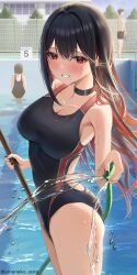 Rule 34 | 1boy, 2girls, absurdres, aizen chieri, amane sora, black hair, black nails, black one-piece swimsuit, breasts, cleavage, collarbone, colored inner hair, commentary request, competition swimsuit, highleg, highleg one-piece swimsuit, highres, holding, holding hose, hose, large breasts, long hair, looking at viewer, mole, mole on breast, mole under mouth, multicolored hair, multiple girls, nail polish, one-piece swimsuit, original, outdoors, red eyes, red hair, smile, solo focus, swimsuit, thighs, two-tone hair, water, wet