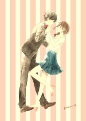 1boy 1girl artist_name bare_shoulders black_hair black_necktie black_pants black_suit blue_skirt braid braided_ponytail breasts brown_eyes brown_hair brown_shoes closed_mouth couple earrings formal_clothes full_body hand_grab hand_on_another&#039;s_waist hetero high_heels hosaka_kinami jacket jewelry leg_up looking_at_another medium_hair necktie original painting_(medium) pale_color pants pink_background pink_shoes pleated_skirt shirt shoes short_hair signature skirt sleeveless sleeveless_shirt small_breasts standing standing_on_one_leg striped_background suit suit_jacket traditional_media vertical-striped_background watercolor_(medium) white_background white_shirt