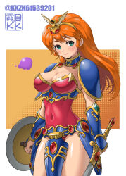 Rule 34 | 1girl, armor, artist name, blob, blue collar, boobplate, breastplate, breasts, cleavage, closed mouth, collar, commentary, cowboy shot, creature, faulds, gem, gold hairband, green eyes, hair ornament, hairband, highres, holding, holding shield, holding sword, holding weapon, jewelry, kkzk61539201, large breasts, leotard, long hair, looking to the side, lucia (madura no tsubasa), madura no tsubasa, metal collar, orange hair, pauldrons, red gemstone, red leotard, shield, shoulder armor, skin tight, smile, snake hair ornament, solo, standing, strapless, strapless leotard, sword, thighs, twitter username, vambraces, weapon