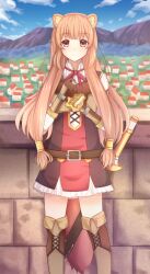 Rule 34 | 1girl, akise jin (mureijem), animal ear fluff, animal ears, armor, belt, black dress, blue sky, blunt bangs, boots, brown belt, brown boots, brown gloves, brown hair, cityscape, cloud, cloudy sky, collared dress, commentary request, day, dress, elbow gloves, eyelashes, feet out of frame, food, gloves, gold trim, hands up, highres, holding, holding food, layered dress, leather armor, light blush, long hair, long sleeves, metal arm cuffs, metal hair tubes, metal wrist cuffs, mountainous horizon, neck ribbon, outdoors, pauldrons, raccoon ears, raccoon girl, raccoon tail, raphtalia, red dress, red eyes, red ribbon, ribbon, sandwich, sheath, sheathed, short dress, shoulder armor, single pauldron, sky, sleeveless, sleeveless dress, smile, solo, standing, straight-on, striped clothes, striped dress, sword, tail, tate no yuusha no nariagari, thigh boots, two-tone dress, vertical-striped clothes, vertical-striped dress, weapon, white dress
