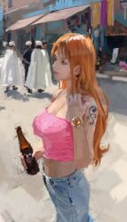 1girl beer_bottle bottle denim fuyumurasaki holding holding_bottle jeans log_pose long_hair market midriff nami_(one_piece) one_piece orange_hair pants pink_shirt robe shirt shoulder_tattoo tattoo white_robe