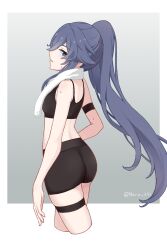 1girl ass back bike_shorts black_hair black_sports_bra blue_eyes border fu_hua grey_background honkai_(series) honkai_impact_3rd looking_at_viewer looking_back neru_yinwu ponytail solo sports_bra sweat thigh_strap towel white_border