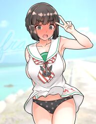 Rule 34 | 1girl, absurdres, alternate costume, beach, black hair, black panties, blue sky, blush, breasts, brown eyes, cloud, cosplay, day, dress, embarrassed, full-face blush, furaggu (frag 0416), highres, kantai collection, large breasts, libeccio (kancolle), libeccio (kancolle) (cosplay), myoukou (kancolle), neckerchief, outdoors, panties, polka dot, polka dot panties, red neckerchief, sailor collar, sailor dress, short hair, sky, sleeveless, sleeveless dress, solo, standing, striped neckerchief, underwear, v, white dress, white sailor collar