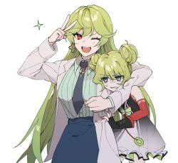 2girls ;d ai-chan_(honkai_impact) ai-chan_(honkai_impact)_(cosplay) black_gloves black_necktie black_skirt coat collared_shirt cosplay double_bun dress earrings fingerless_gloves gloves green_eyes green_hair green_shirt hair_bun honkai_(series) honkai_impact_3rd jewelry lab_coat long_hair long_sleeves look-alike looking_at_viewer mobius_(honkai_impact) mobius_(honkai_impact)_(cosplay) mobius_(pre-surgery)_(honkai_impact) multiple_girls necktie one_eye_closed open_mouth orange_sleeves see-through_clothes see-through_dress shirt siibakun simple_background single_earring skirt slit_pupils smile v very_long_hair white_background white_coat white_dress