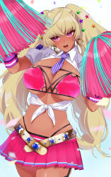 Rule 34 | 1girl, absurdres, black panties, blonde hair, blue background, bra, breasts, cheerleader, cosplay, dark-skinned female, dark skin, earrings, female focus, fukuharada n, gyaru, hair ornament, highres, ibuki douji (fate), ibuki douji (second ascension) (fate), ibuki douji (swimsuit berserker) (fate), ibuki douji (swimsuit berserker) (fate) (cosplay), itou ittousai (sengoku bushouki muramasa), jewelry, large breasts, legs, lips, long hair, navel, open mouth, panties, pink bra, pink skirt, pom pom (cheerleading), purple eyes, sengoku bushouki muramasa, shiny skin, skirt, solo, star (symbol), star hair ornament, twintails, underboob, underwear, whale tail (clothing), wide hips