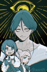 Rule 34 | 1boy, 2girls, black background, blue eyes, blue hair, chibi, closed mouth, commentary request, cone hair bun, disembodied eye, double bun, flying sweatdrops, frilled shirt, frilled sleeves, frills, fukurai azami, hair between eyes, hair bun, jasmine (toshi densetsu kaitai center), limited palette, long sleeves, looking at viewer, matsushiro (yutakatanbo), meguriya ayumu, multiple girls, open mouth, shirt, short hair, smile, toshi densetsu kaitai center, twitter username, upper body