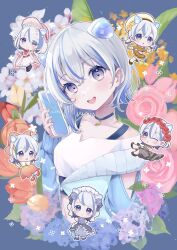 Rule 34 | 1girl, :d, animal ears, blue background, blue choker, blue hair, blue jacket, bow, breasts, brown shoes, brown skirt, chibi, chibi inset, choker, colored inner hair, commentary, copyright name, dress, dwudwu, flower, grey dress, grey hair, hair between eyes, hat, head wreath, highres, holding, holding phone, iriam, jacket, miria (iriam), multicolored hair, open mouth, orange bow, outline, phone, pink hat, purple eyes, red flower, shoes, skirt, smile, socks, streaked hair, symbol-only commentary, teeth, tongue, upper teeth only, white outline, white socks, yellow hat