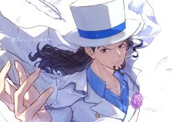 1boy black_hair blue_shirt coat coat_on_shoulders collarbone collared_shirt facial_hair falling_feathers feathers flower hand_up hashtag-only_commentary hat highres jacket long_hair looking_at_viewer male_focus one_piece pink_flower rob_lucci sc_scandium shirt solo suit_jacket twitter_username upper_body white_background white_coat white_feathers white_hat white_jacket