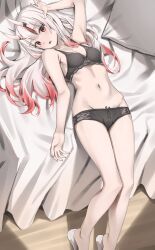 1girl absurdres arm_up black_bra black_panties bra breasts commentary grey_hair hair_between_horns highres hip_bones hololive horns long_hair lying multicolored_hair nakiri_ayame navel on_back on_bed oni open_mouth panties red_eyes red_hair red_streaks scarlet_(wv0102) skin-covered_horns small_breasts solo streaked_hair symbol-only_commentary underwear underwear_only virtual_youtuber