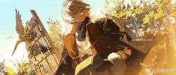 1boy 2023 artist_name birch_tree black_gloves black_scarf brown_coat coat dutch_angle fur-trimmed_sleeves fur_scarf fur_trim gloves highres holding holding_paper krab_(fumekrab) looking_to_the_side male_focus monument paper parted_lips reverse:1999 scarf shirt short_hair sky solo statue steam_from_mouth tree turning_head upper_body watermark weibo_watermark white_hair white_shirt white_sky zima_(reverse:1999)