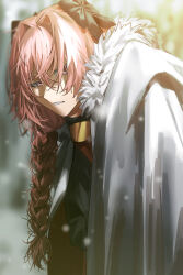 1boy astolfo_(fate) black_bow bow braid coat emblem fate/apocrypha fate/grand_order fate_(series) fur-trimmed_coat fur_trim hair_bow hair_intakes highres hunched_over kei_(keipsan) looking_at_viewer multicolored_hair multiple_hair_bows pink_eyes pink_hair red_coat single_braid solo streaked_hair trap white_coat white_hair