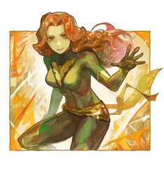 1girl absurdres belt bodysuit breasts elbow_gloves gloves green_eyes highres jean_grey long_hair looking_at_viewer marvel medium_breasts phoenix_(x-men) red_hair simple_background solo subakeye superhero_costume x-men yellow_gloves
