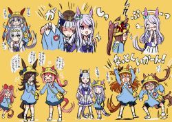 6+girls agnes_digital_(umamusume) alternate_costume angry animal_ears gold_ship_(umamusume) haru_urara_(umamusume) hat horse_ears horse_girl horse_tail kindergarten_uniform kingin long_hair mayano_top_gun_(umamusume) mejiro_mcqueen_(umamusume) multiple_girls oguri_cap_(umamusume) one_eye_closed rice_shower_(umamusume) school_hat t_t tail tamamo_cross_(umamusume) translation_request umamusume yellow_background