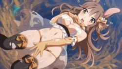 1girl blush breasts brown_hair bunny_(sakura_dungeon) elbow_gloves game_cg gloves large_breasts long_hair monster_girl open_mouth rabbit_ears rabbit_girl sakura_dungeon solo thighhighs torn_clothes torn_gloves torn_thighhighs wanaca winged_cloud worried yellow_eyes