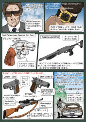 Rule 34 | 1boy, brown hair, car, colt&#039;s manufacturing company, colt detective special, colt model 1903 pocket hammerless, day, dirty harry (series), english text, gun, hammerless, hammerless handgun, hammerless pistol, handgun, harry callahan, japanese text, looking at viewer, motor vehicle, muta koji, outdoors, pistol, pocket pistol, pump-action rifle, pump-action shotgun, remington arms, remington model 7600, revolver, rifle, s&amp;w model 3000, shotgun, smith &amp; wesson, star bonifacio echeverria, star model b, story time (muta koji), sudden impact, sunglasses, translation request, watch, weapon, weapon focus, weapon name, weapon profile