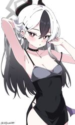 1girl absurdres armpits black_dress blue_archive bright_pupils dress fuzake_neko grey_halo halo highres kayoko_(blue_archive) kayoko_(dress)_(blue_archive) long_hair looking_at_viewer official_alternate_costume red_eyes simple_background single_wing solo white_background white_pupils wings
