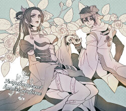 armor black_hair breasts butterfly_hair_ornament choker cleavage corset detached_sleeves earrings english_text fingernails flower hair_ornament headband holding_hands japanese_clothes jewelry large_breasts legs long_hair long_sleeves nail_polish necklace nouhime parted_bangs pearl_necklace ponytail sachiko_(omame) sengoku_musou sitting takenaka_hanbei tassel tassel_earrings