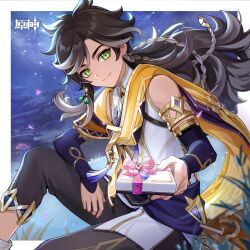 1boy absurdres armlet black_pants border braid brown_hair cape chinese_commentary dark-skinned_male dark_skin desert earrings elbow_gloves fingernails genshin_impact gift gloves gold_trim grass green_eyes grey_hair hair_between_eyes highres holding holding_gift jewelry knee_up long_hair looking_at_viewer low_ponytail male_focus multicolored_hair night night_sky official_art orange_cape outdoors outside_border pants parted_bangs ponytail purple_sash sand sash sethos_(genshin_impact) shirt sidelocks sitting sky sleeveless sleeveless_shirt smile solo streaked_hair sui_bian_shi_yao swept_bangs tassel white_border white_day white_shirt