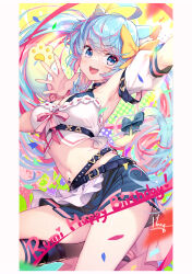 1girl ahoge animal_ears arm_up armpits bare_shoulders belt black_choker black_socks blue_eyes blue_hair bow breasts cat_ears cat_girl cat_tail choker cleavage crop_top crop_top_overhang detached_sleeves hair_bow hand_up happy_birthday highres hong_(white_spider) indie_virtual_youtuber kneehighs lanmewko large_breasts long_hair looking_at_viewer loose_belt midriff miniskirt multicolored_hair multiple_belts navel open_mouth outstretched_arm pleated_skirt prehensile_hair shirt short_sleeves skirt sleeveless sleeveless_shirt smile socks solo stomach streaked_hair tail tail_bow tail_ornament thighs twintails very_long_hair virtual_youtuber white_shirt