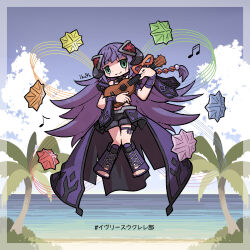 1girl :3 beach black_shorts blunt_bangs boots border dot_nose duel_monster floating full_body green_eyes highres ib_(yu-gi-oh!) ikuya_(mzns198) instrument knightmare_corruptor_iblee leg_ribbon long_hair music musical_note ocean open-toe_boots orange_ribbon outdoors playing_instrument purple_boots purple_hair ribbon shorts signature solo thigh_ribbon translation_request ukulele yu-gi-oh!