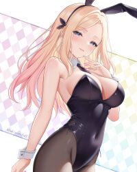 1girl akiei animal_ears bare_shoulders black_leotard black_necktie black_pantyhose blonde_hair blush breasts collar gakuen_idolmaster highres idolmaster juo_sena leotard long_hair looking_at_viewer multicolored_hair necktie pantyhose pink_hair playboy_bunny purple_eyes rabbit_ears simple_background smile solo streaked_hair two-tone_hair very_long_hair white_background wrist_cuffs
