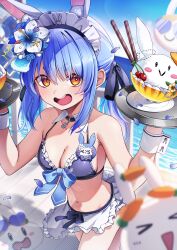 1girl absurdres animal_ear_fluff animal_ears apron bikini black_bikini blue_hair blue_sky breasts chameleon_(chameleon0613) cleavage cloud commentary_request day detached_collar extra_ears flower frilled_apron frilled_bikini frills front-tie_bikini_top front-tie_top hair_flower hair_ornament hands_up highres hikimayu holding holding_tray hololive holonatsu_paradise long_hair looking_at_viewer maid maid_bikini maid_headdress medium_breasts name_tag navel ocean official_alternate_costume open_mouth orange_eyes outdoors pekomon_(usada_pekora) rabbit-shaped_pupils rabbit_ears rabbit_girl rabbit_tail short_eyebrows sky solo stomach swimsuit symbol-shaped_pupils tail teeth thick_eyebrows tray twintails unconventional_maid upper_teeth_only usada_pekora usada_pekora_(holonatsu_paradise) virtual_youtuber waist_apron wavy_mouth wrist_cuffs