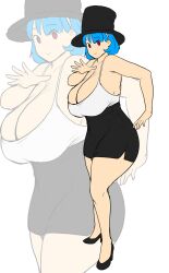 1girl absurdres black_footwear black_hat black_skirt blue_hair breasts camisole cleavage erkaz full_body hat high_heels highres huge_breasts jamiroquai looking_at_viewer medium_hair original red_eyes rina_atherina skirt solo standing top_hat virtual_insanity white_camisole zoom_layer