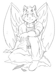 1boy animal_ears cat_boy cat_ears closed_mouth commentary_request feathered_wings feathers furry furry_male gegegenomin hatching_(texture) linear_hatching looking_at_viewer male_focus sitri_(housamo) sitting smile tokyo_houkago_summoners whiskers wings