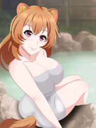 Rule 34 | 1girl, absurdres, alternate breast size, animal ears, breasts, brown hair, cleavage, closed mouth, collarbone, commentary, cowboy shot, crishdemons, english commentary, from behind, hair between eyes, highres, large breasts, long hair, looking at viewer, looking back, naked towel, onsen, paid reward available, pink eyes, raccoon ears, raccoon girl, raccoon tail, raphtalia, signature, sitting, smile, solo, tail, tate no yuusha no nariagari, towel