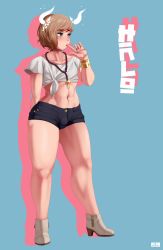 1boy ankle_boots blue_eyes blush boots brown_hair bulge finger_in_own_mouth high_heel_boots high_heels highres jlullaby key midriff navel shirt short_hair short_shorts shorts solo tied_shirt trap