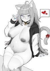 1girl absurdres ahoge animal_ears blue_nails breasts cat_ears cat_tail collar collarbone dark_nipples fang female_pubic_hair fingernails glasses hand_up heart highres hololive jacket lactation large_breasts long_hair long_sleeves multicolored_jacket nail_polish nekomata_okayu nipples open_clothes open_jacket partially_colored pregnant pubic_hair purple_eyes red_ribbon ribbon round_eyewear sitting smile solo speech_bubble spoken_heart tail thighhighs two-tone_jacket varniskarnis very_long_hair virtual_youtuber